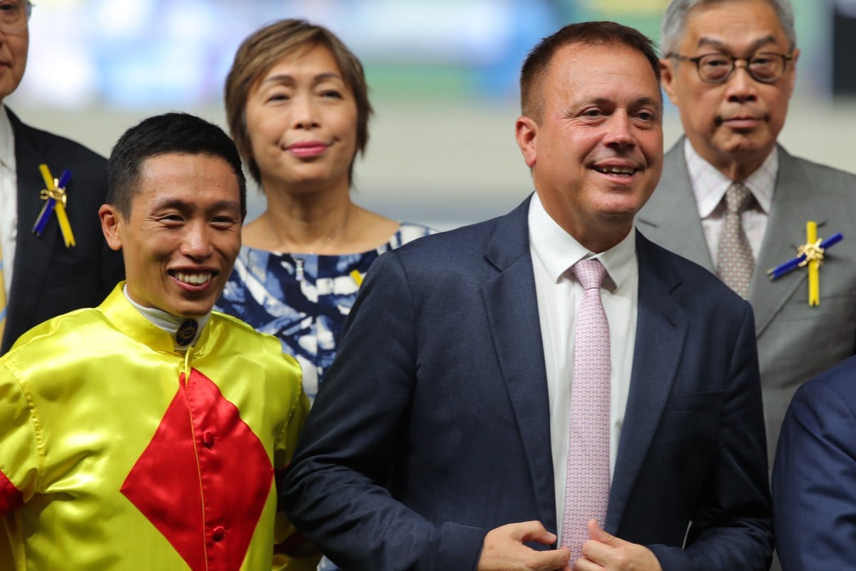 Vincent Ho (left) and Caspar Fownes at the trophy presentation following Capital Delight’s dead heat with Lucky Archangel at Happy Valley on October 4. Photos: Kenneth Chan