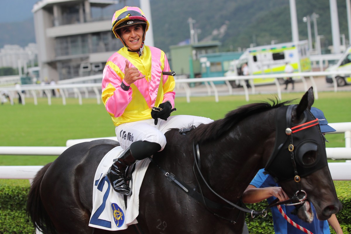 Keagan de Melo enjoys his victory aboard Rising From Ashes at Sha Tin on Sunday. Photos: Kenneth Chan