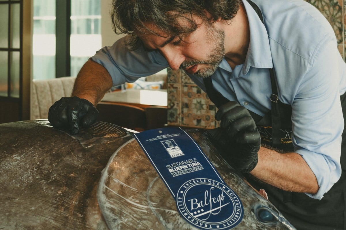 Hong Kong-based Spanish food importer Borja Sanchez poses with a sustainable bluefin tuna. Photo: Los Ibericos