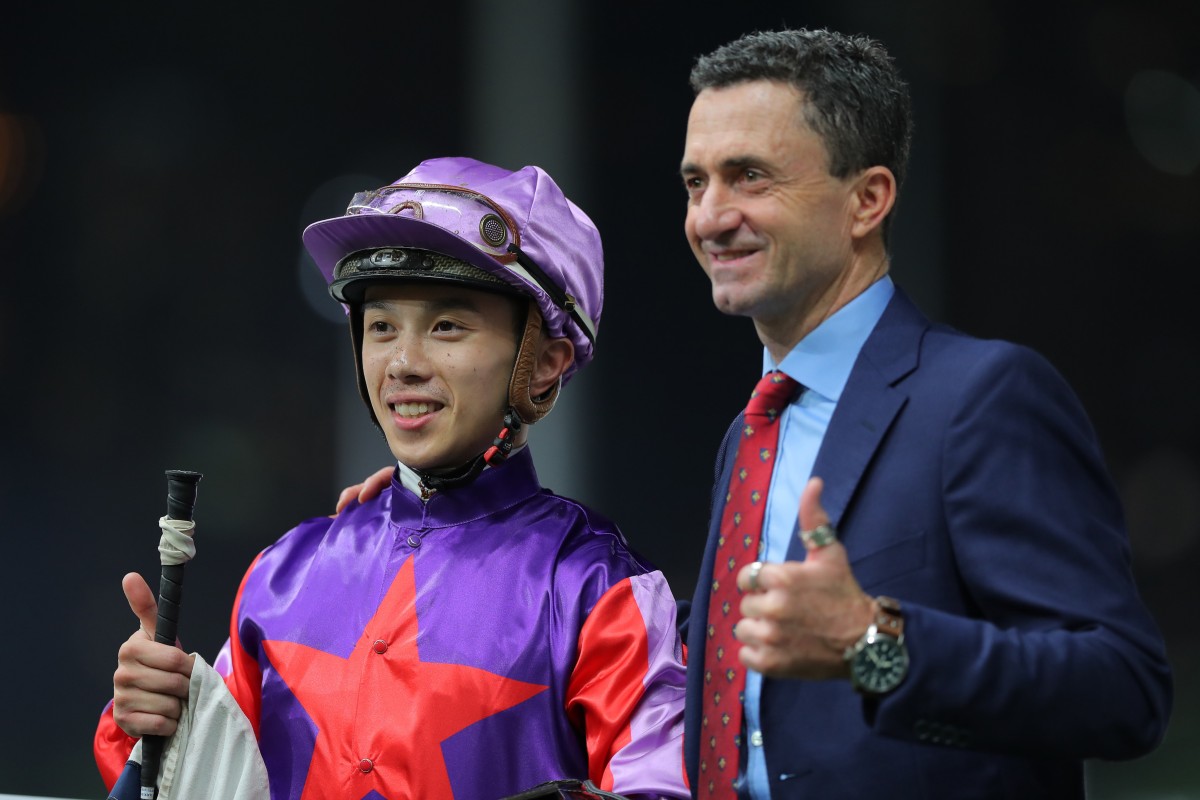 Jockey Angus Chung and trainer Douglas Whyte enjoy Zoom Boom’s win. Photo: Kenneth Chan