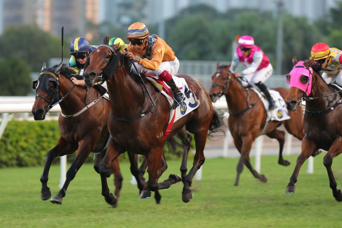Global Harmony wins the Class Three La Estephe Handicap under Karis Teetan on Sunday. Photo: Kenneth Chan