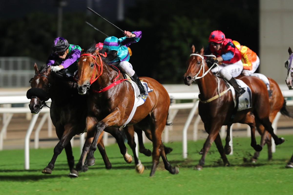 Sauvestre (centre) triumphs under Luke Ferraris at Sha Tin on June 18. Photo: Kenneth Chan