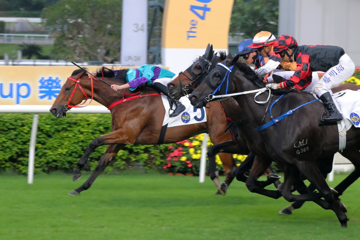Sauvestre extends under Luke Ferraris to win the incident-packed Class One Panasonic Cup (1,400m) at Sha Tin on Saturday. Photos: Kenneth Chan