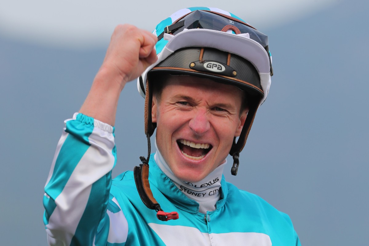 James McDonald celebrates after winning April’s Group One QE II Cup (2,000m) aboard Romantic Warrior. Photo: Kenneth Chan