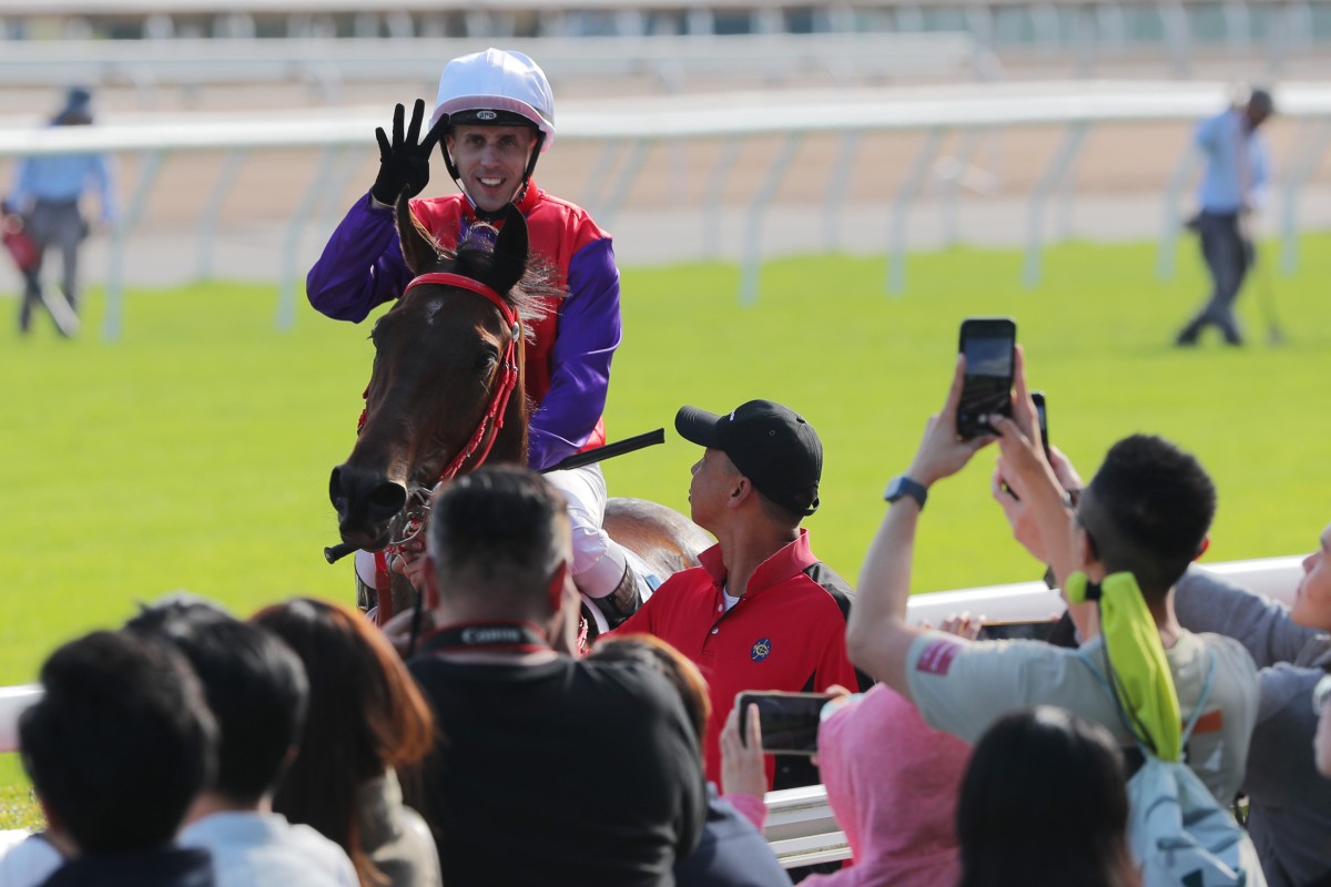 Brenton Avdulla acknowledges the crowd after bringing up his four-timer aboard Ensued. Photo: Kenneth Chan