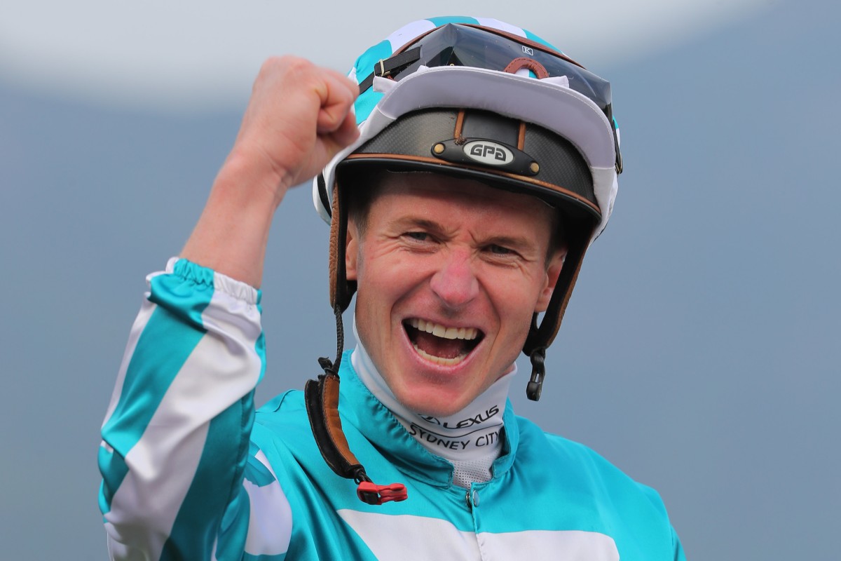 James McDonald celebrates after winning April’s Group One QE II Cup (2,000m) aboard Romantic Warrior. Photo: Kenneth Chan