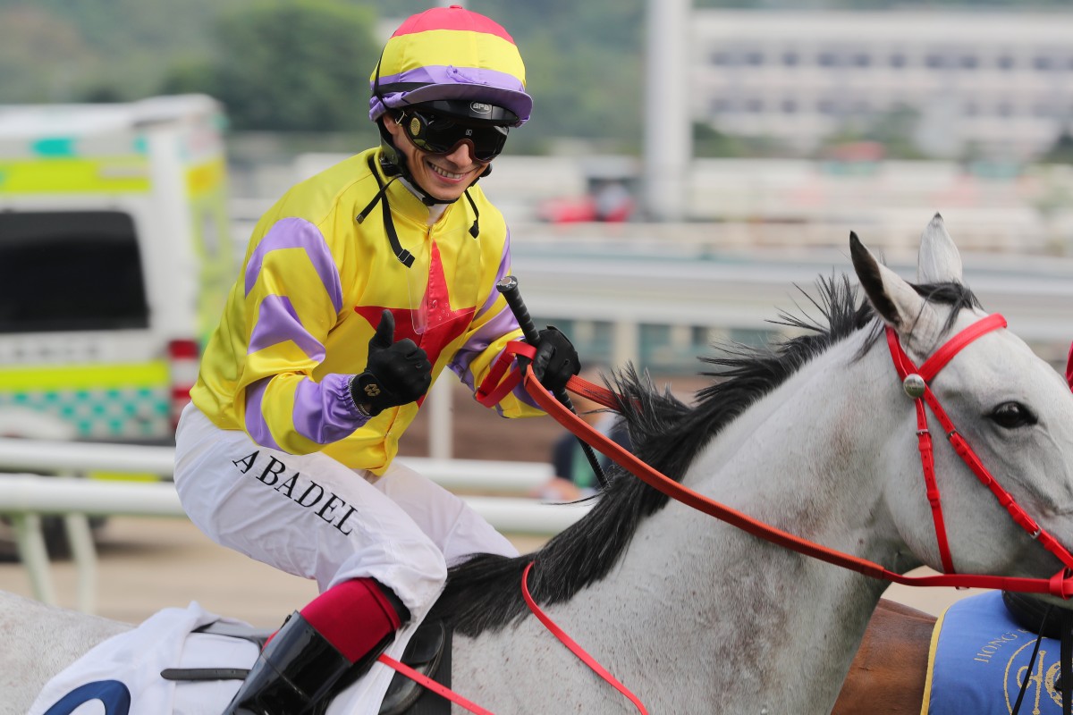 Alexis Badel celebrates aboard Class Two Peninsula Golden Jubilee Challenge Cup (1,200m) winner Ping Hai Galaxy at Sha Tin on Sunday. Photo: Kenneth Chan