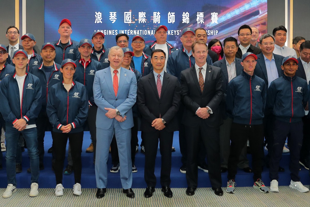 Riders, trainers, officials and owners attend the Longines International Jockeys’ Championship ride allocation event at Sha Tin on Monday. Photos: Kenneth Chan