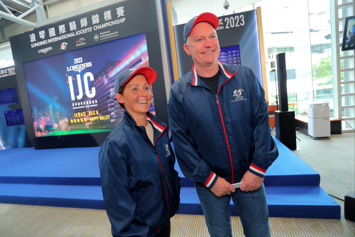 Rachel King and David Hall attend the International Jockeys’ Championship draw at Sha Tin on Monday. Photo: Kenneth Chan