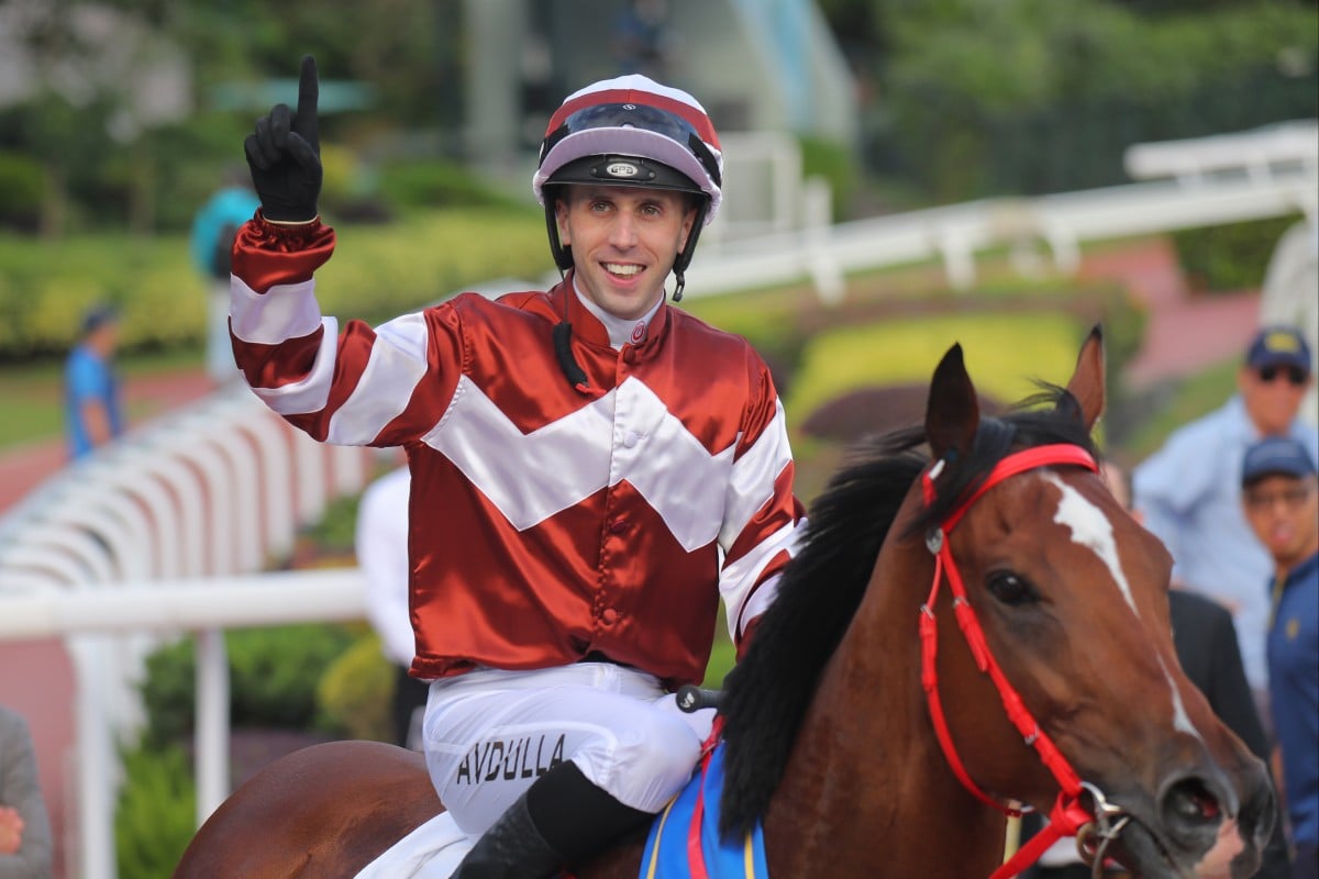 Brenton Avdulla celebrates his Group Two Premier Bowl (1,200m) win aboard Sight Success. Photo: Kenneth Chan