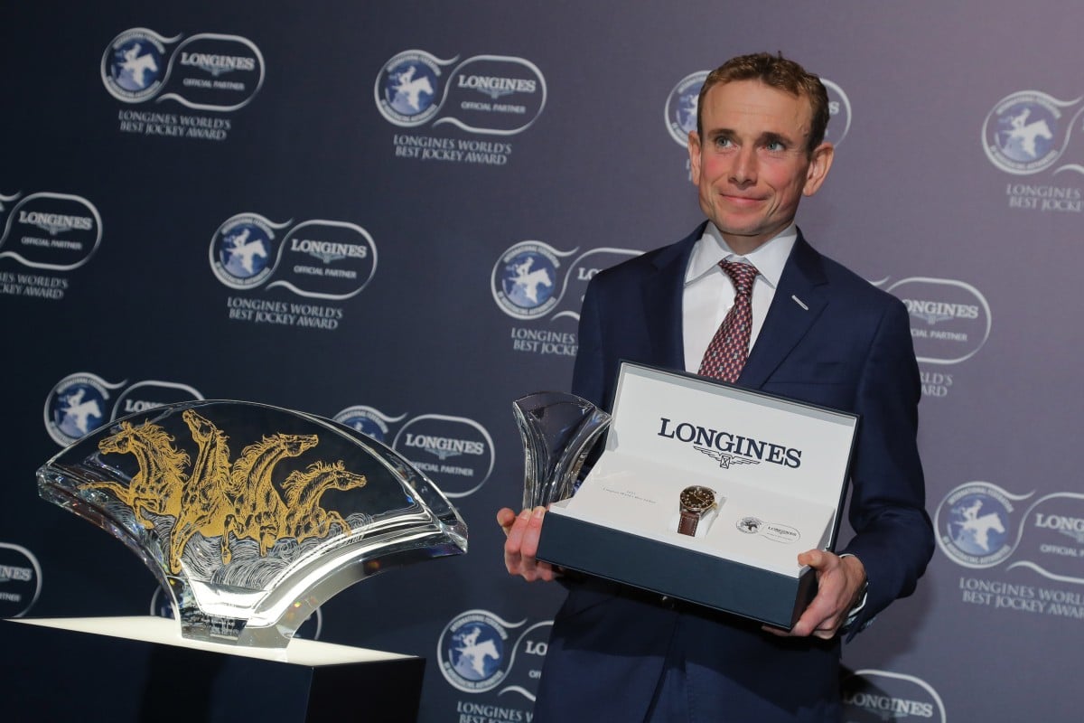 Ryan Moore shows off his 2023 Longines World’s Best Jockey Award prizes. Photo: Kenneth Chan