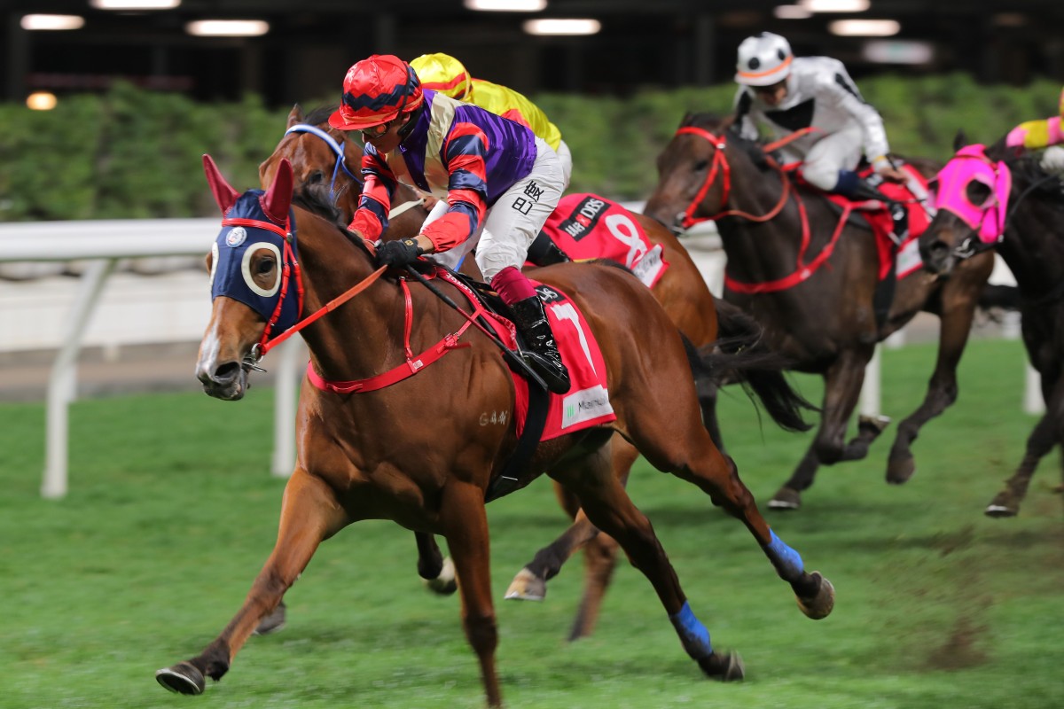 Happy Together wins the Class Two Saturn Handicap (1,650m) at Happy Valley on Wednesday under Alexis Badel. Photo: Kenneth Chan