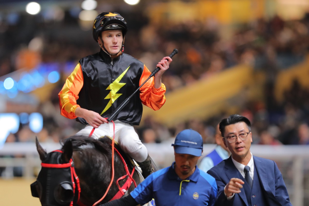 Luke Ferraris returns to the Happy Valley winner’s enclosure aboard Togepi on December 13. Photo: Kenneth Chan