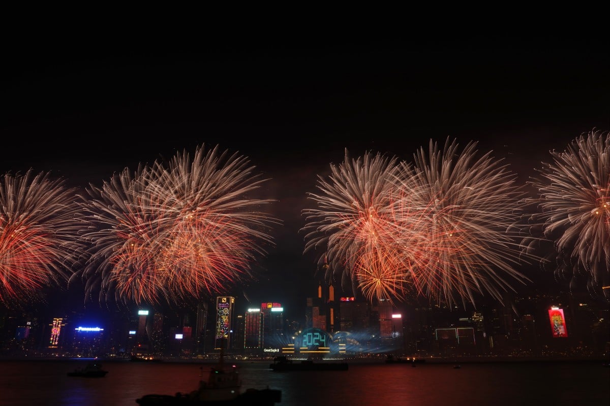 The New Year Countdown Firework show lights up the Victoria Harbour of Hong Kong. Photo: Elson Li