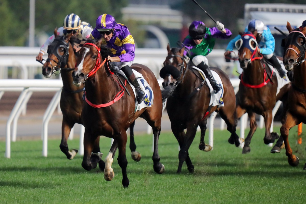 Helios Express powers to victory under Hugh Bowman at Sha Tin on Sunday. Photos: Kenneth Chan