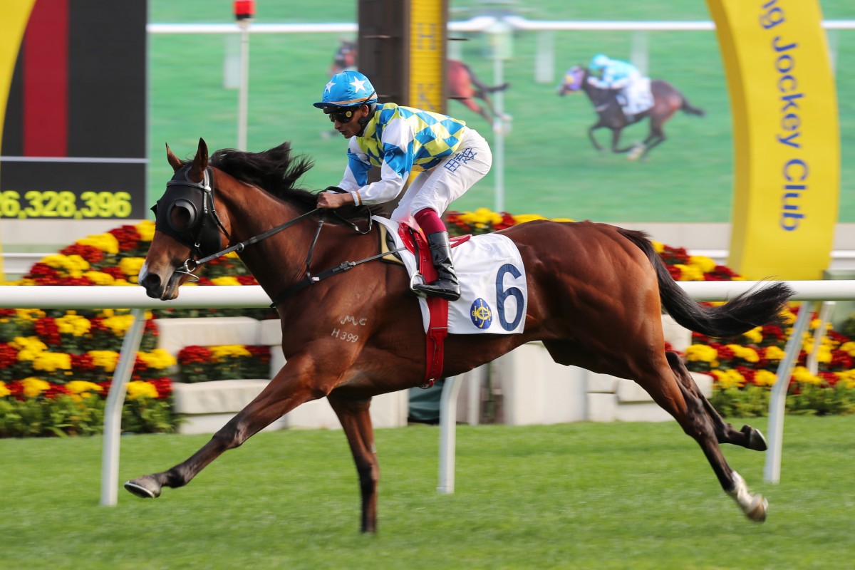 Galaxy Patch takes out the Class Two Pok Oi Cup (1,200m) under Karis Teetan at Sha Tin on Saturday. Photo: Kenneth Chan