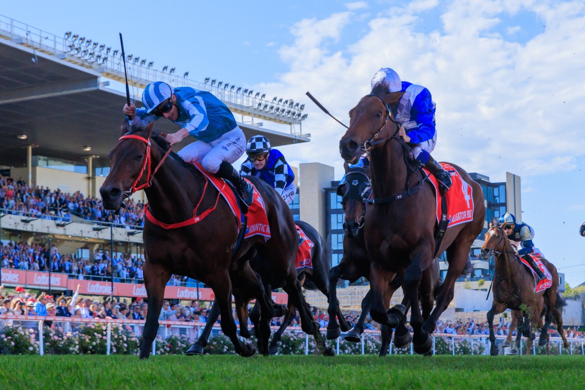 Romantic Warrior (left) wins the Group One Cox Plate (2,040m) at Moonee Valley. Photos: Kenneth Chan