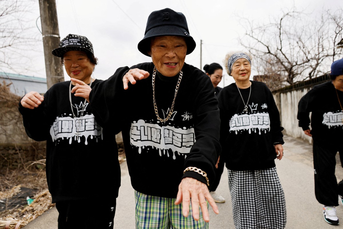 Members of the granny rap group “Suni and the Seven Princesses” on the street in Chilgok, South Korea. Photo: Reuters
