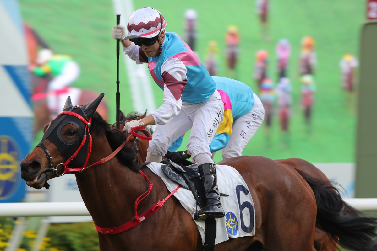 Keith Yeung celebrates a victory aboard Find My Love last season. Photos: Kenneth Chan