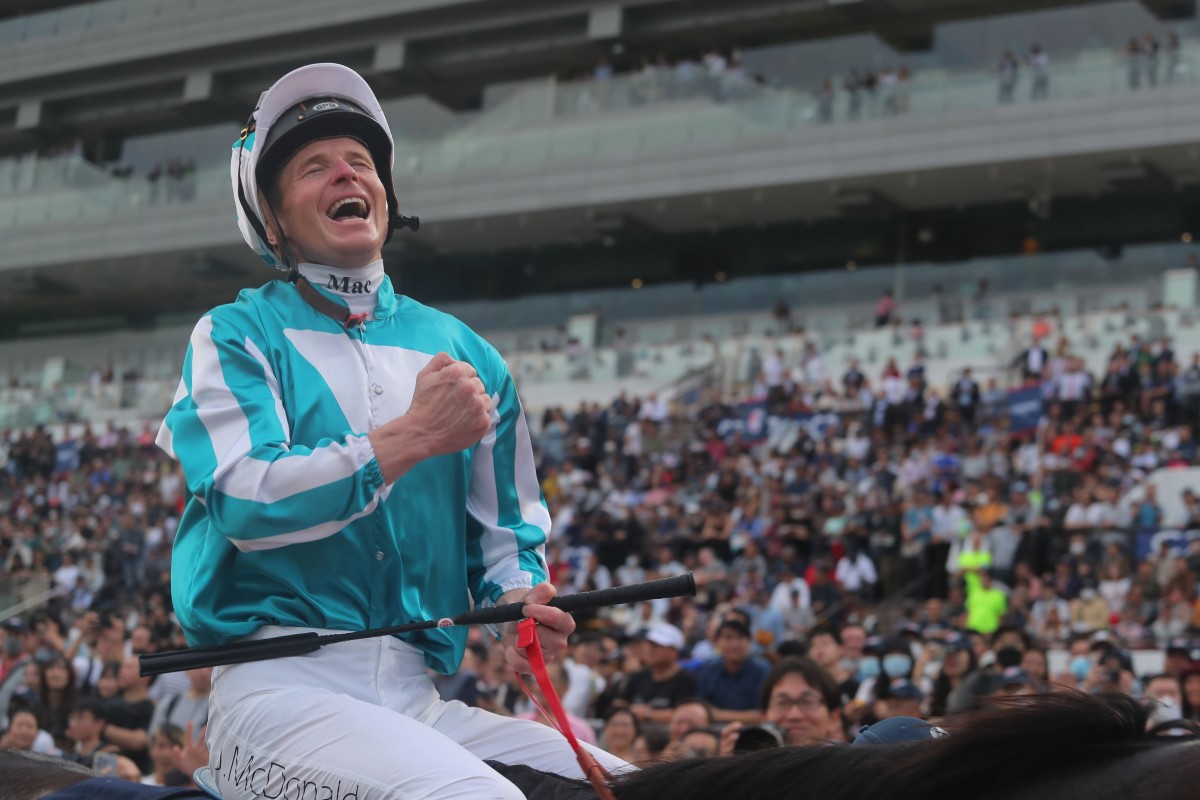 James McDonald thumps his chest in celebration after triumphing aboard Romantic Warrior in December’s Group One Hong Kong Cup (2,000m). Photo: Kenneth Chan