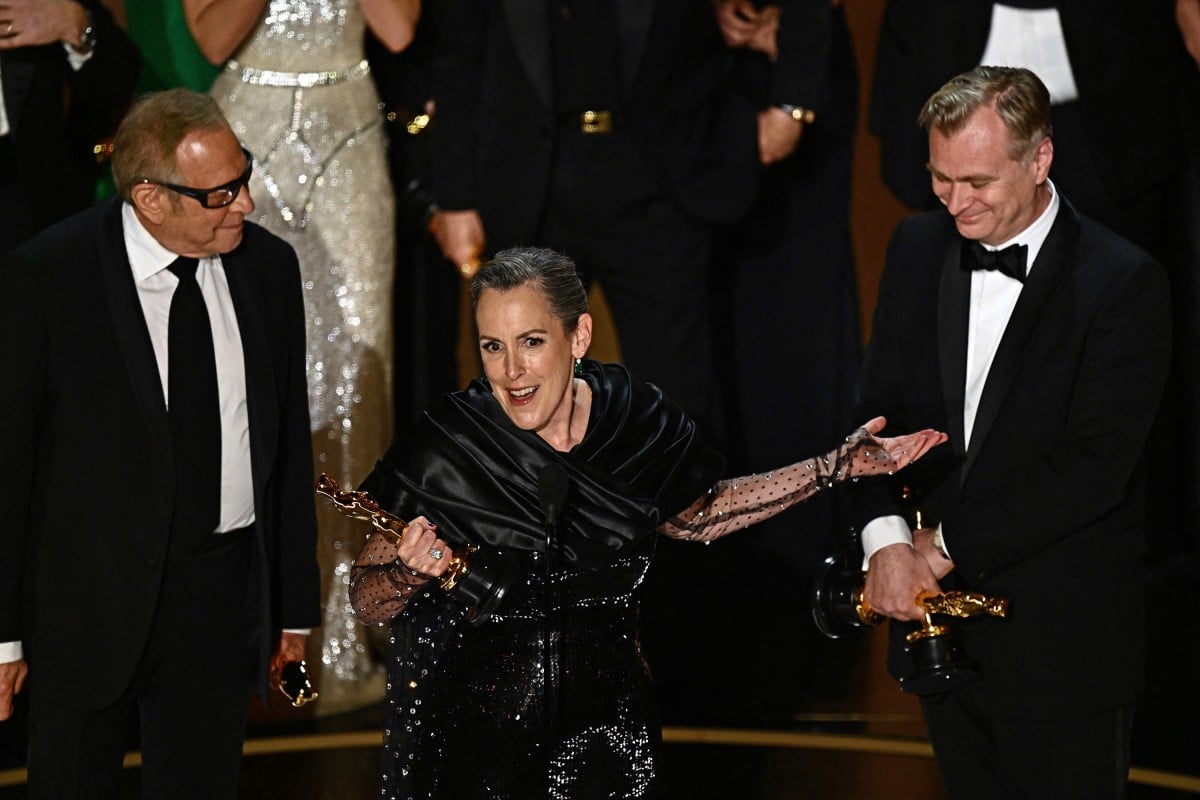 The producers of “Oppenheimer” accept the award for best picture onstage during the 96th Academy Awards at the Dolby Theatre in Hollywood, California. Photo: TNS