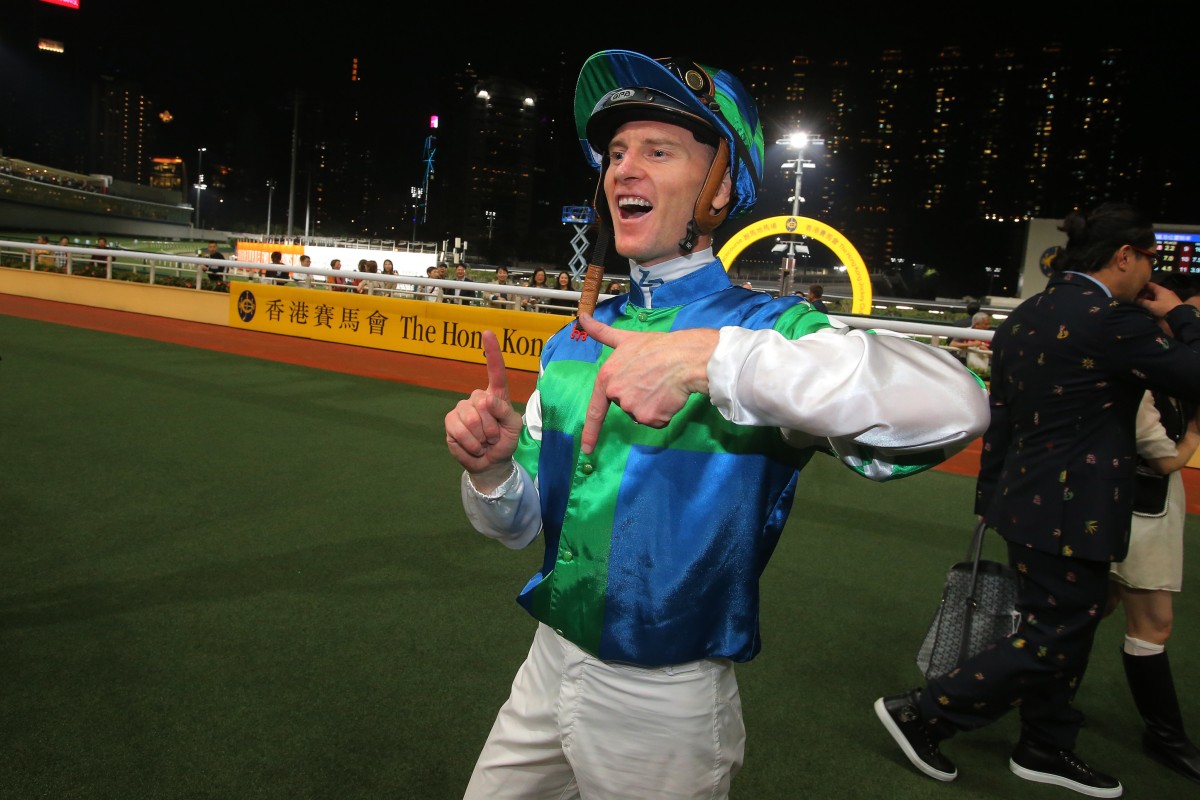 Zac Purton celebrates his 1,700th Hong Kong win after booting Copartner Prance home at Happy Valley. Photos: Kenneth Chan