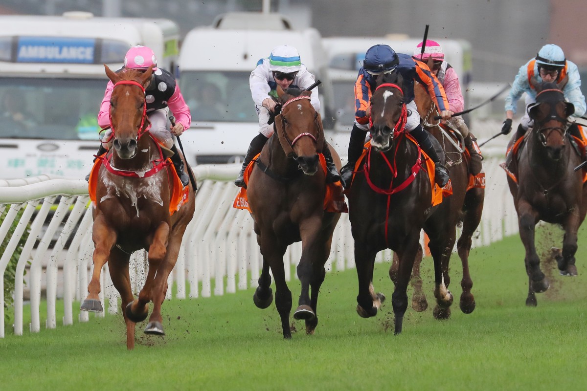 Voyage Bubble (second from left) finishes third in the Champions Mile last month. Photos: Kenneth Chan