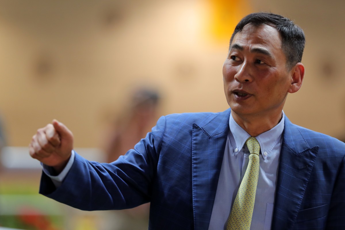 Trainer Michael Chang enjoys Big Red’s victory at Happy Valley on Wednesday night. Photo: Kenneth Chan