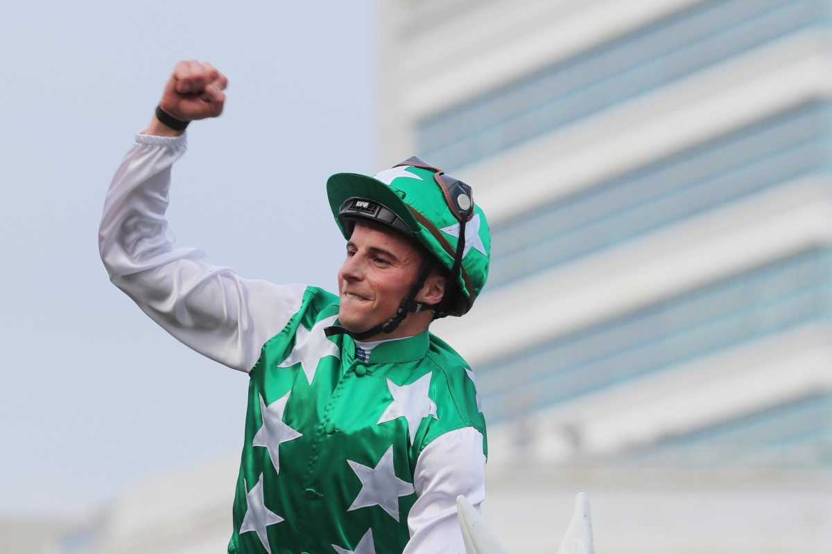William Buick celebrates his Group One QE II Cup win on Pakistan Star in 2018. Photo: Kenneth Chan