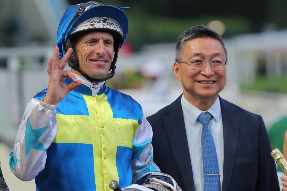 Hugh Bowman (left) celebrates his treble at Sha Tin with Francis Lui. Photos: Kenneth Chan