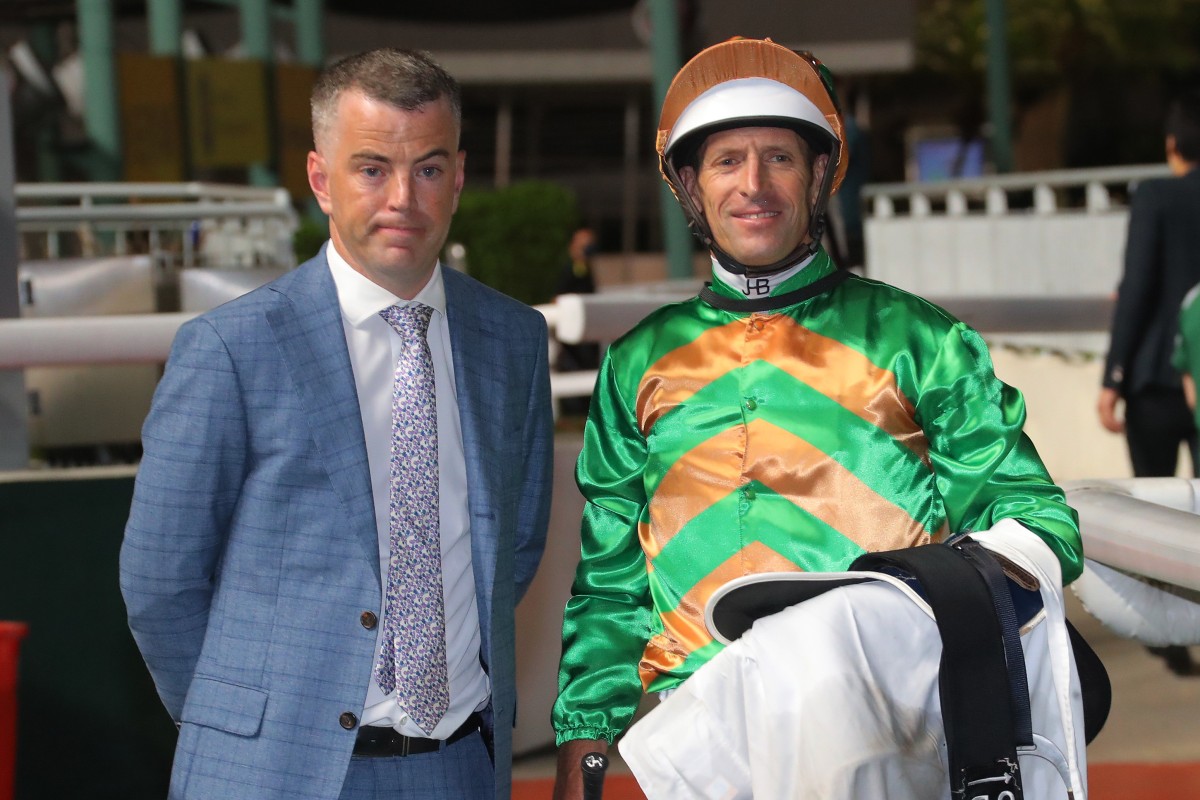 Trainer Jamie Richards enjoys G Liner’s success with jockey Hugh Bowman. Photo: Kenneth Chan