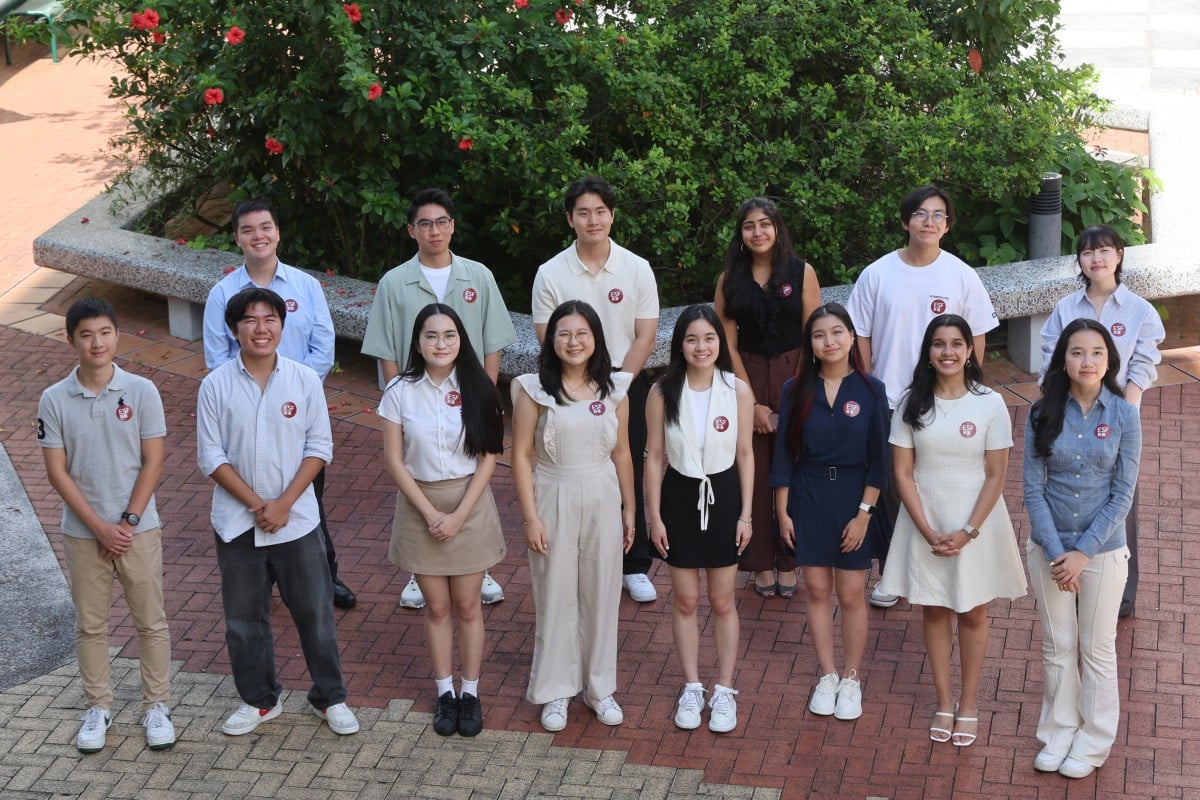 ESF’s students pose for a picture after the IB Diploma 2024 exam results were announced at ESF King George V School in Ho Man Tin. Photo: Edmond So