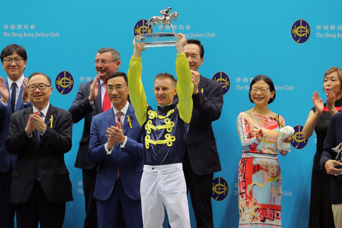 Zac Purton celebrates his seventh champion jockey title. Photo: Kenneth Chan