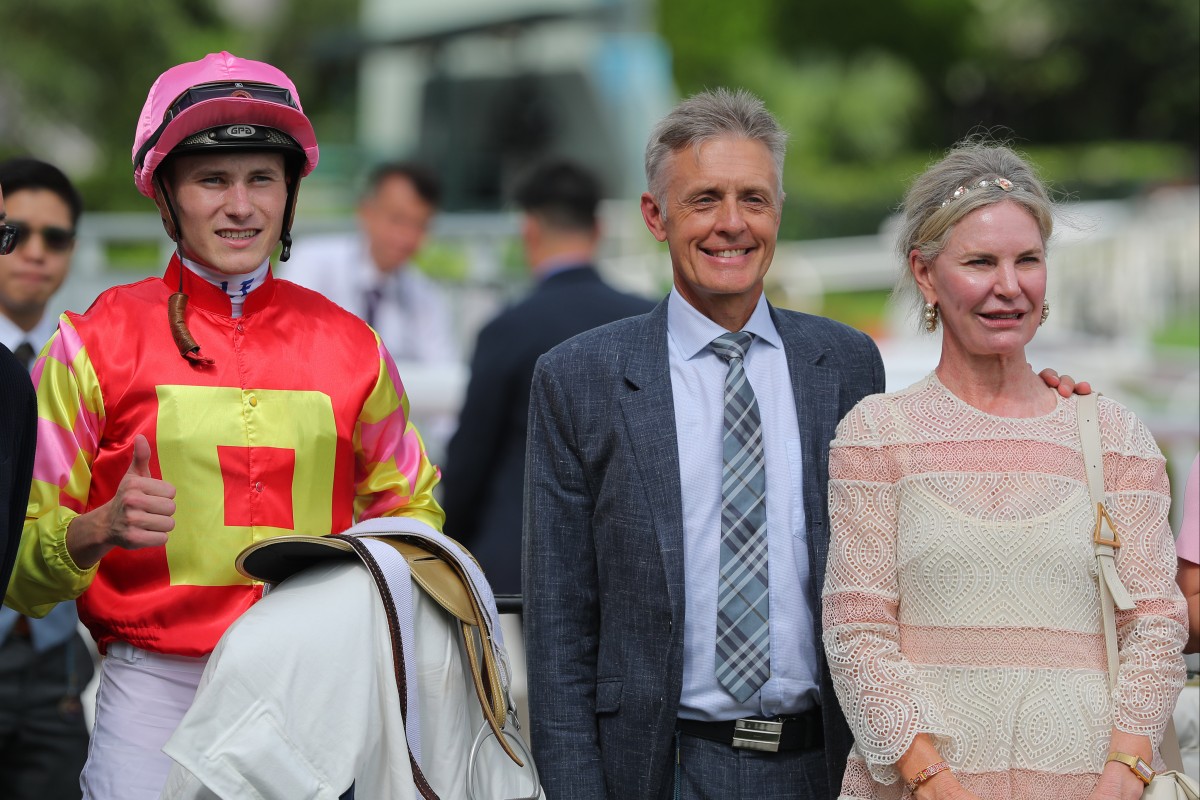 Luke Ferraris, Mark Newnham and Newnham’s wife Donna are all smiles after My Wish wins at Sha Tin. Photos: Kenneth Chan