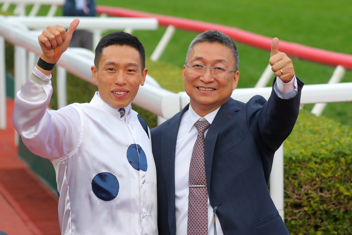 Jockey Vincent Ho and trainer Francis Lui soak up Golden Sixty’s win in last year’s Hong Kong Mile. Photos: Kenneth Chan