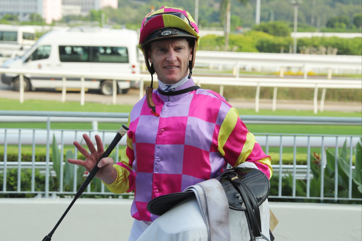Zac Purton celebrates his second four-timer at Sha Tin in as many weeks. Photos: Kenneth Chan