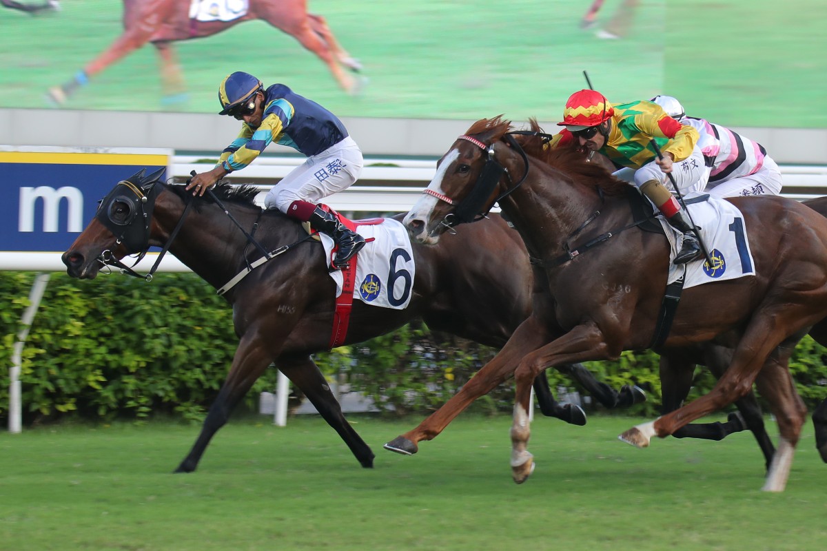 Karis Teetan lifts Lady’s Choice (left) to a narrow win at Sha Tin. Photos: Kenneth Chan