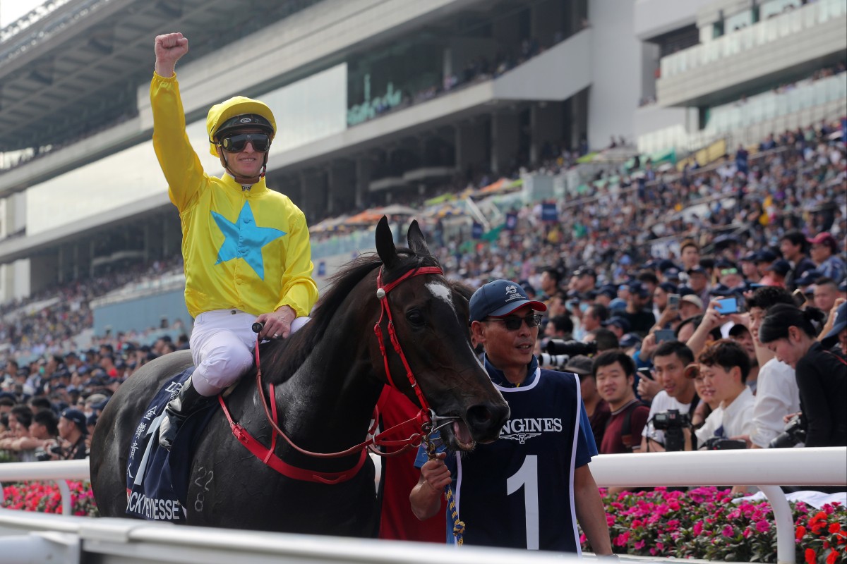 Lucky Sweynesse returns to the winners’ enclosure after last year’s Group One Hong Kong Sprint win. Photos: Kenneth Chan