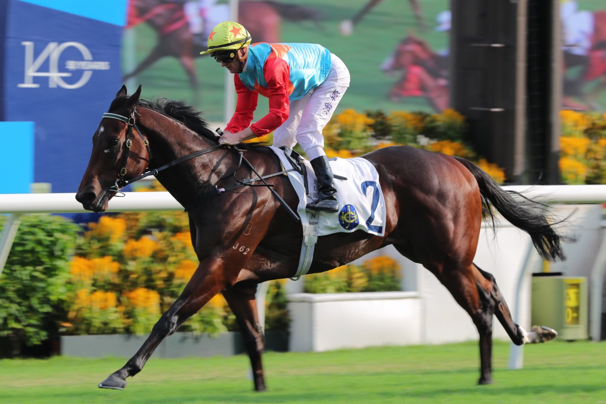 Ka Ying Rising passes the Sha Tin winning post on Sunday. Photos: Kenneth Chan