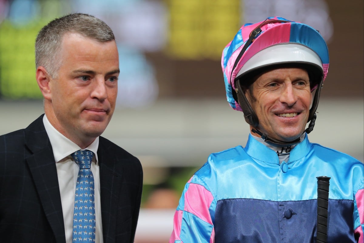 Trainer Jamie Richards and jockey Hugh Bowman enjoy the recent victory of Gallant Valour. Photo: Kenneth Chan