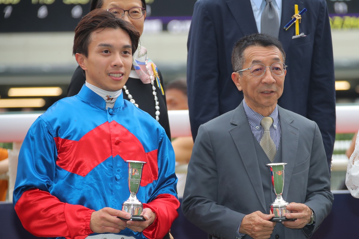Jockey Angus Chung and trainer Me Tsui after combining to win with Happy Tango at Happy Valley. Photos: Kenneth Chan