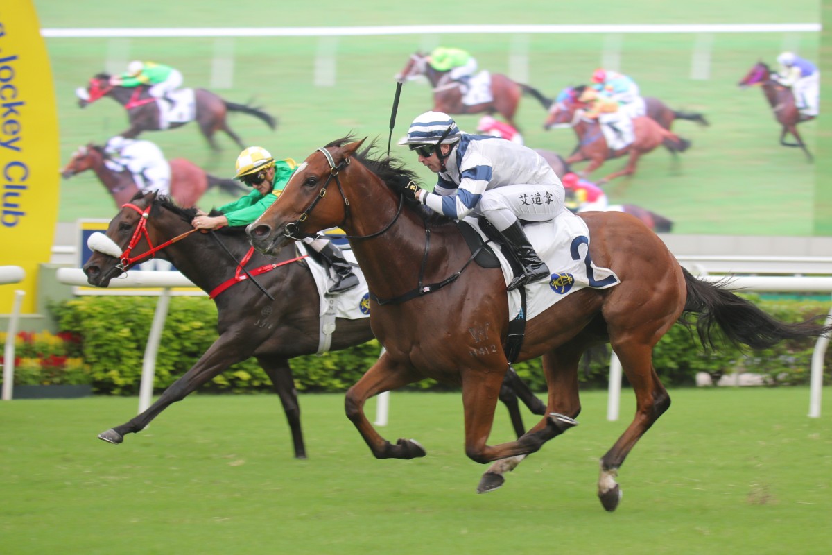 Rubylot storms home down the outside to beat Bottomuptogether at Sha Tin in September. Photos: Kenneth Chan