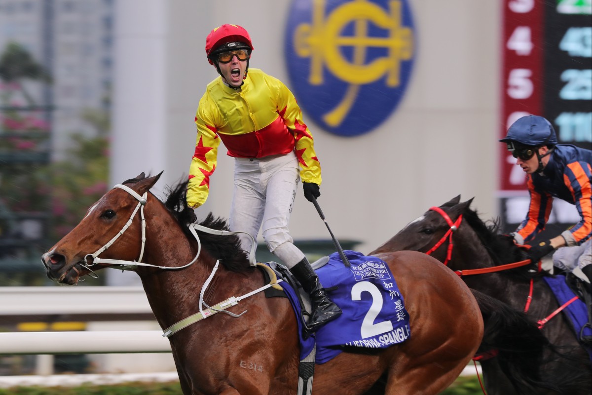 Brenton Avdulla celebrates his Group One Queen’s Silver Jubilee Cup win aboard California Spangle. Photos: Kenneth Chan