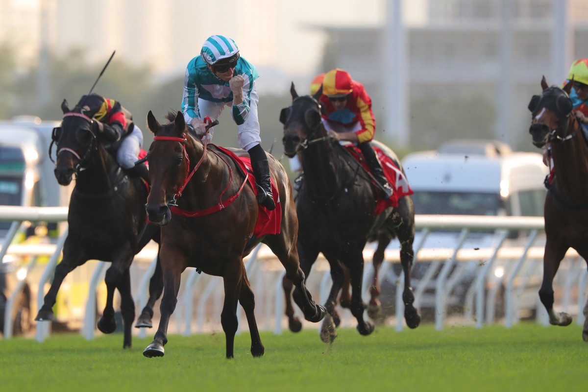 James McDonald pumps his fist as Romantic Warrior easily wins the Jockey Club Cup. Photos: Kenneth Chan