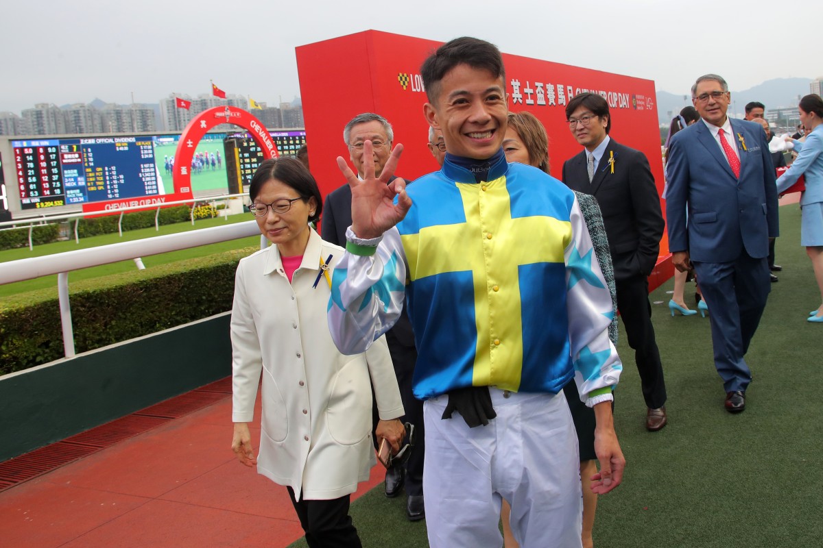 Derek Leung celebrates his treble at Sha Tin on Sunday. Photos: Kenneth Chan