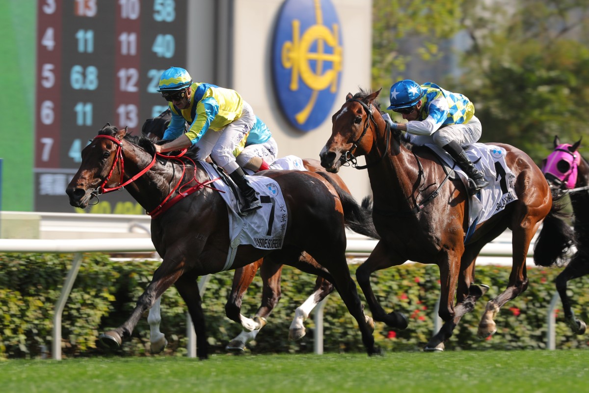 Massive Sovereign (left) wins March’s Hong Kong Derby. Photo: Kenneth Chan