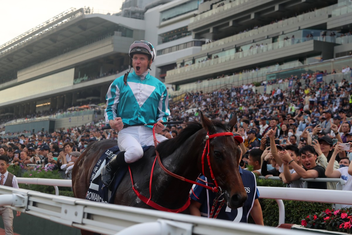James McDonald celebrates his 2023 Hong Kong Cup win on Romantic Warrior. Photos: Kenneth Chan