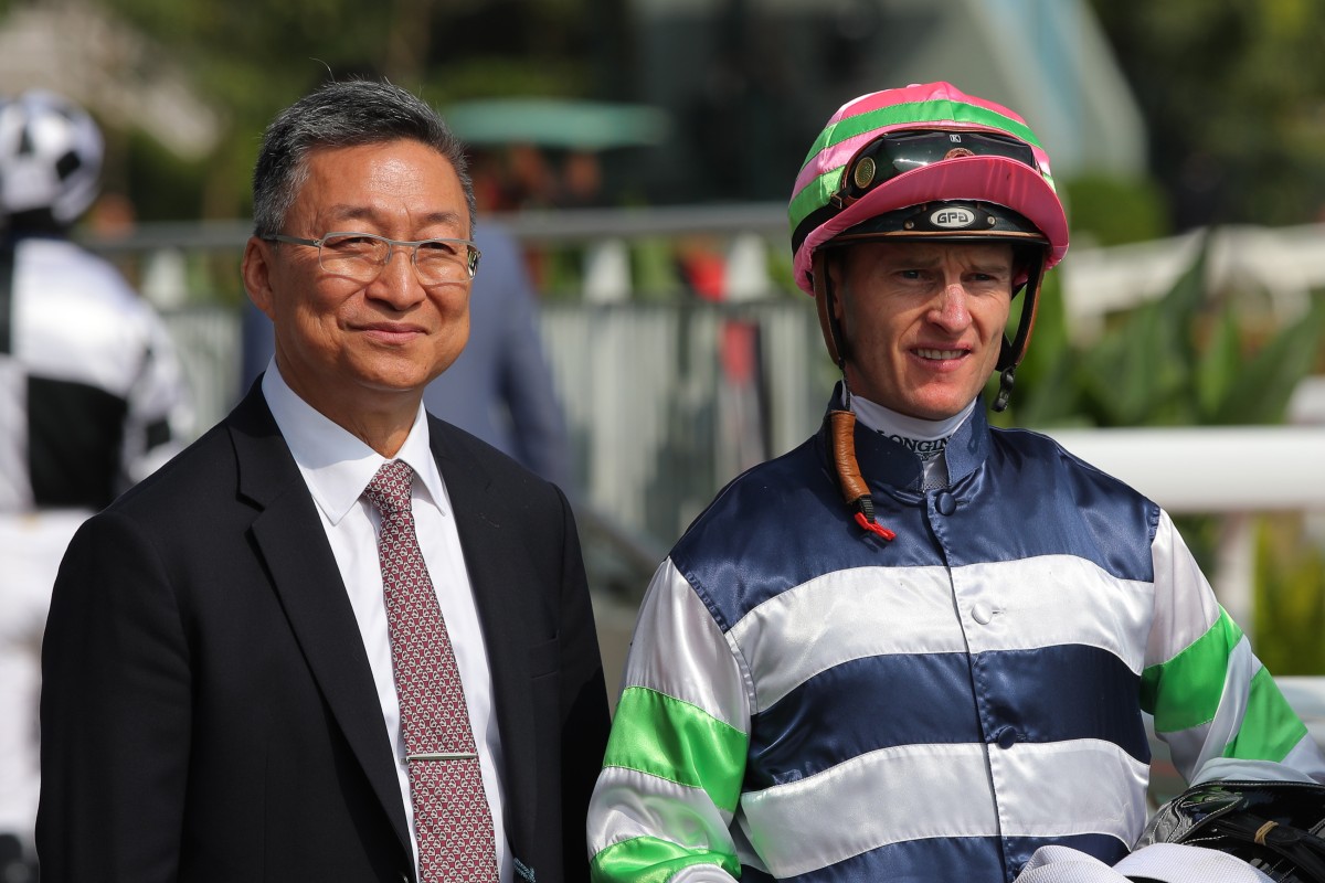 Trainer Francis Lui celebrates Packing Angel’s dominant Sha Tin win with jockey Zac Purton. Photos: Kenneth Chan