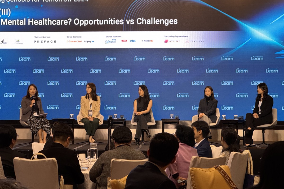 Student Naphat Chanpongsang (far right) speaks in a panel about mental health during the third annual Hong Kong Principals’ Forum. Photo: Handout