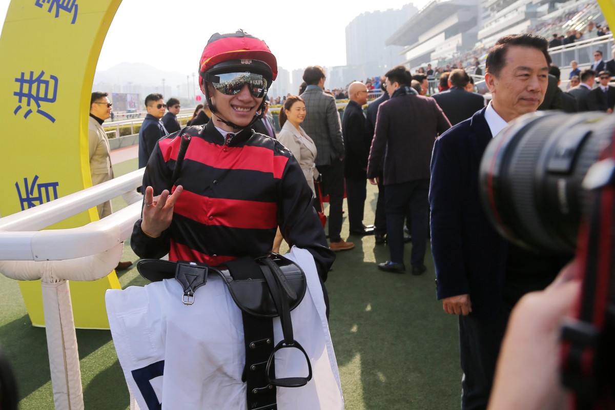 Jerry Chau celebrates his monster treble at Sha Tin. Photos: Kenneth Chan